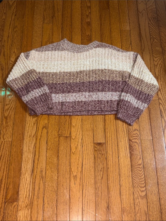 Sweaters - Striped Cropped Crewneck Sweater in Cream and Mauve